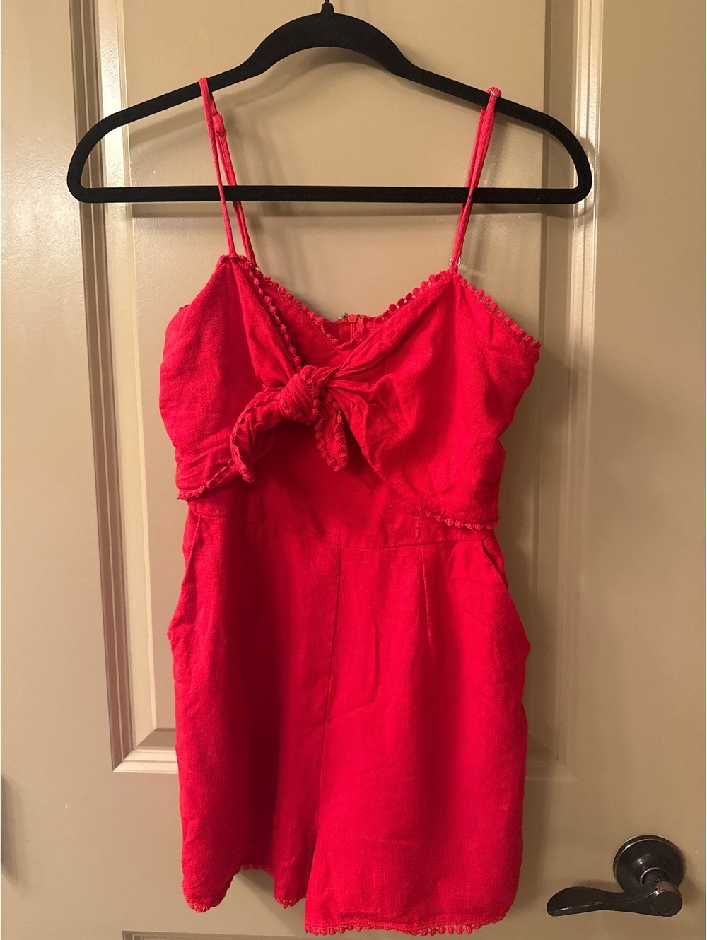 Red Spaghetti Strap Romper with Front Tie Detail, Size Small